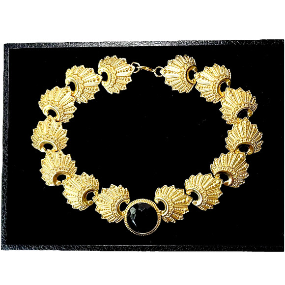 80s Statement Collar Necklace Gold Tone Black Fashion Jewelry Holiday Cosplay - Picture 1 of 6